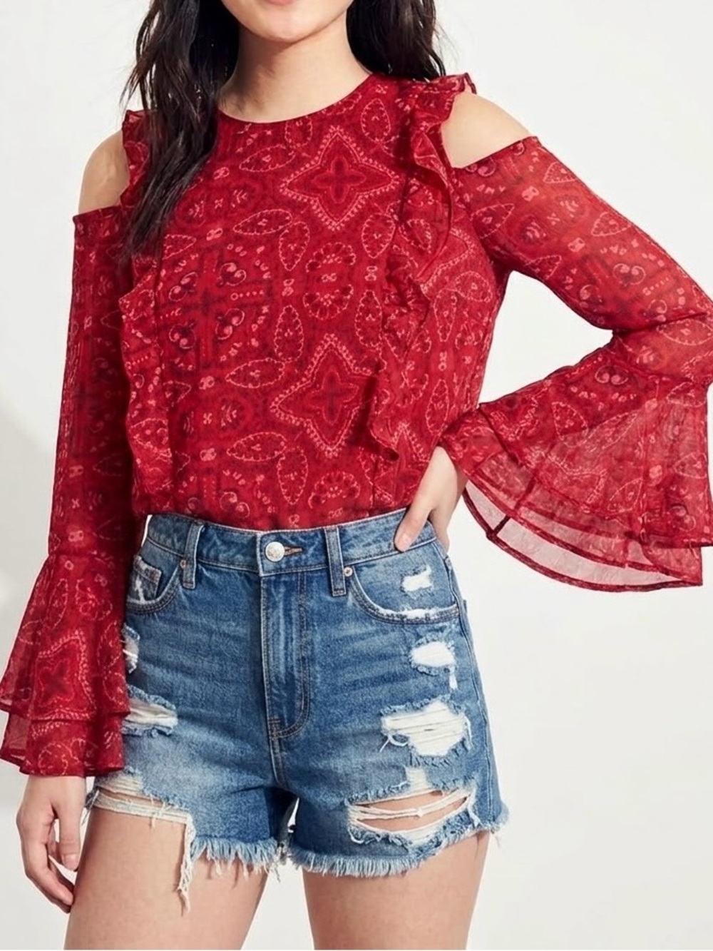 Hollister Red Cold-Shoulder Ruffle Blouse Sz XS